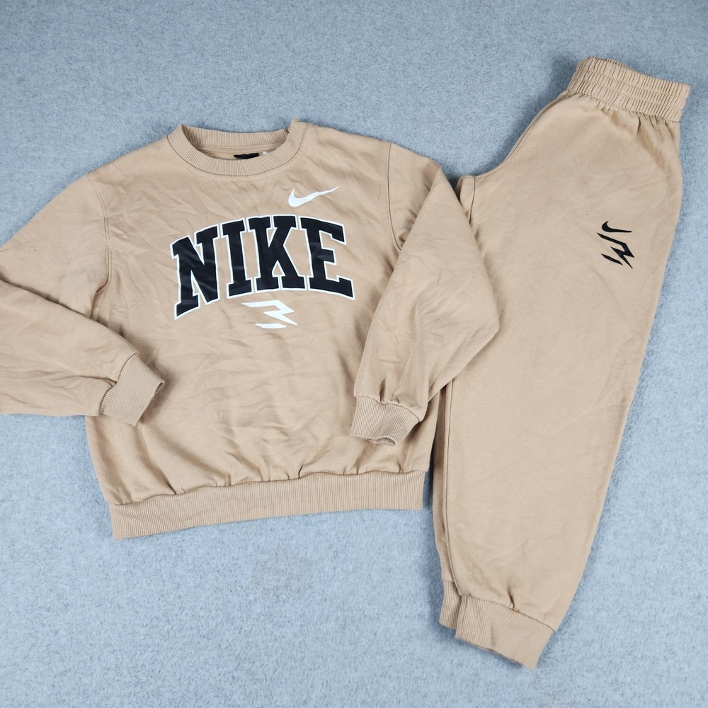 Nike Tracksuit Boys M Beige Fleece Lined Athletic Fit Spell Out Logo Crew Neck